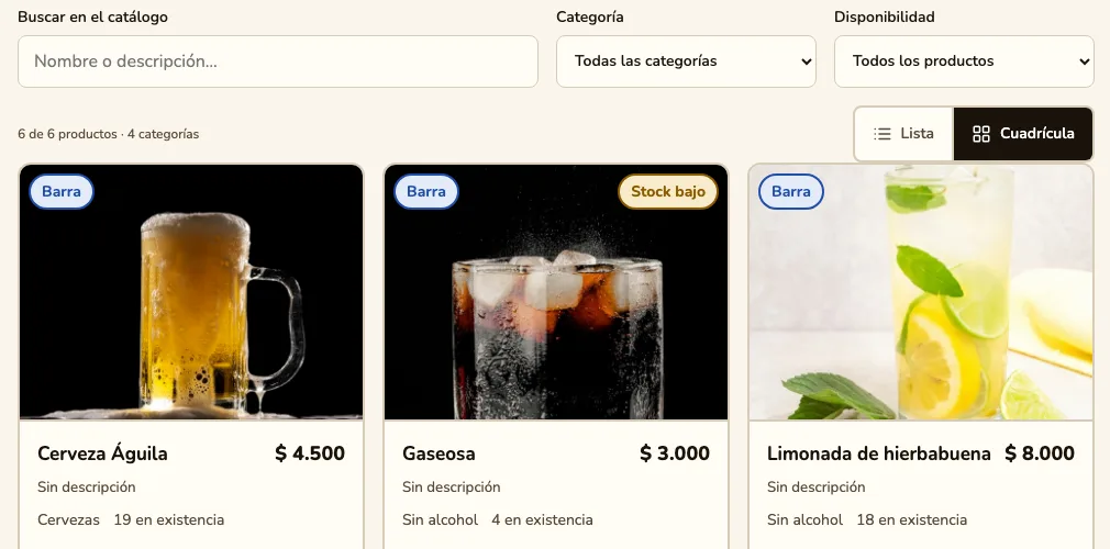 El catálogo en cuadrícula: Cerveza Águila, Gaseosa y Limonada de hierbabuena, con su foto, su precio y su existencia.