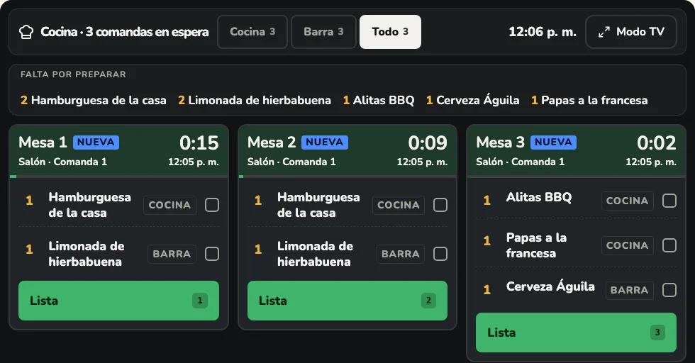 El tablero de cocina con tres comandas en espera, cada una con su mesa y su tiempo.